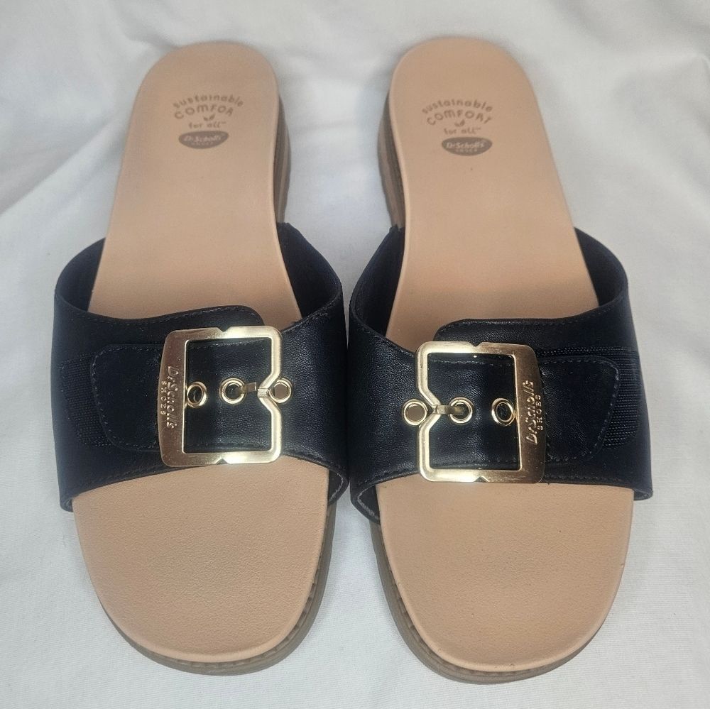 Dr. Scholl's Get It Movin Iconic Buckle Slide Sandals Black Tan Size 10 NWT NWOB